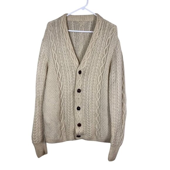 Vintage Cable Knit Sweater L Butter Yellow Leather Button Fisherman Grandpa 80s - Picture 1 of 11